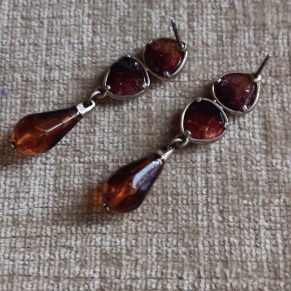 Gold Tone Amber Colored Dangle Earrings - Picture 5 of 7